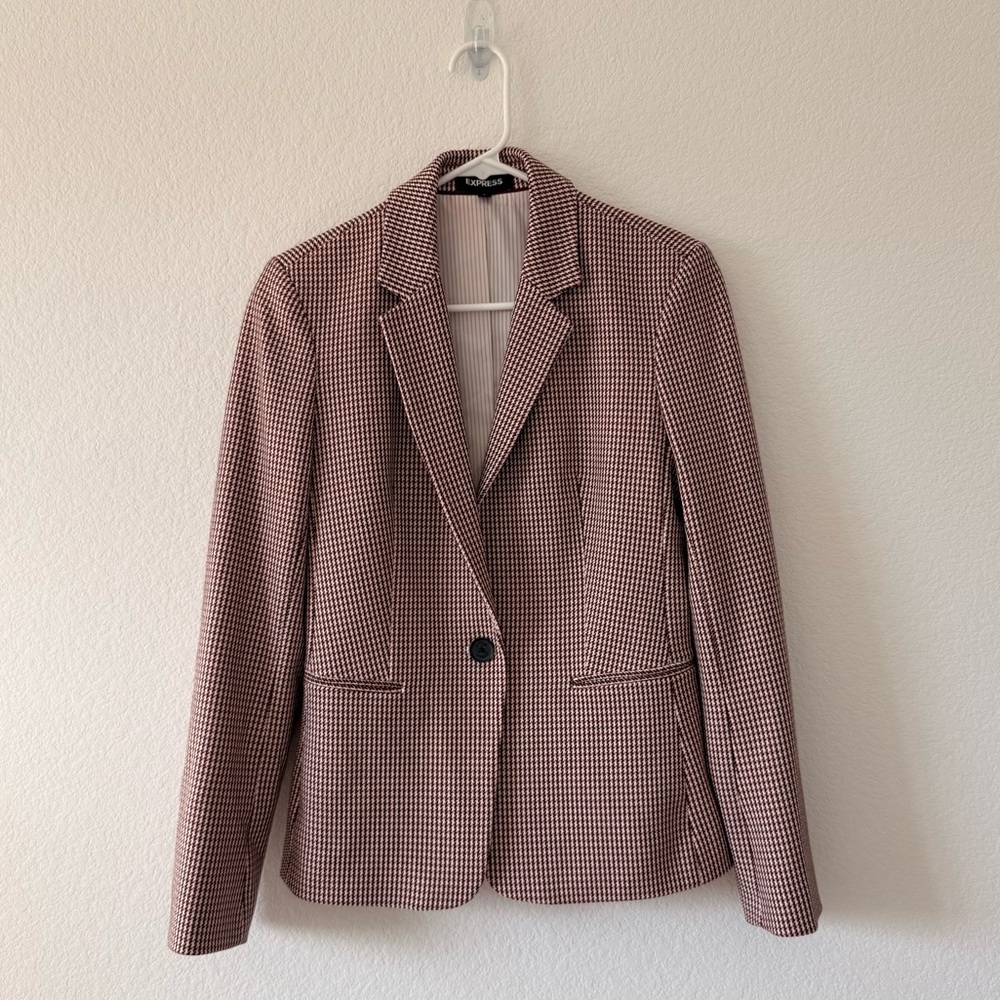 Express Editor Blazer One Button Mini Houndstooth Tailored Fit Pink Brown Size 6